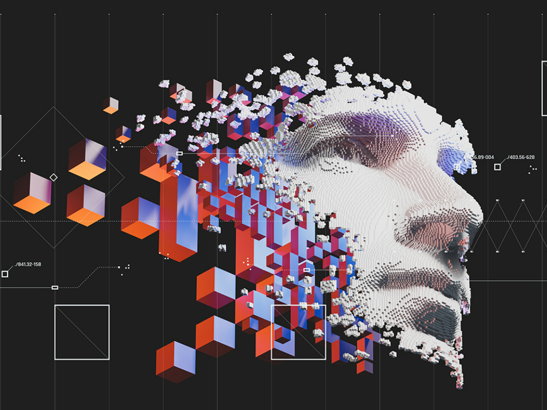 Digital artwork of a human face dissolving into pixel cubes